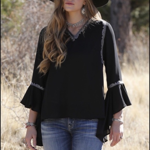 Cruel Denim Women's Georgette black boho western blouse flutter sleeve size L - Picture 2 of 9
